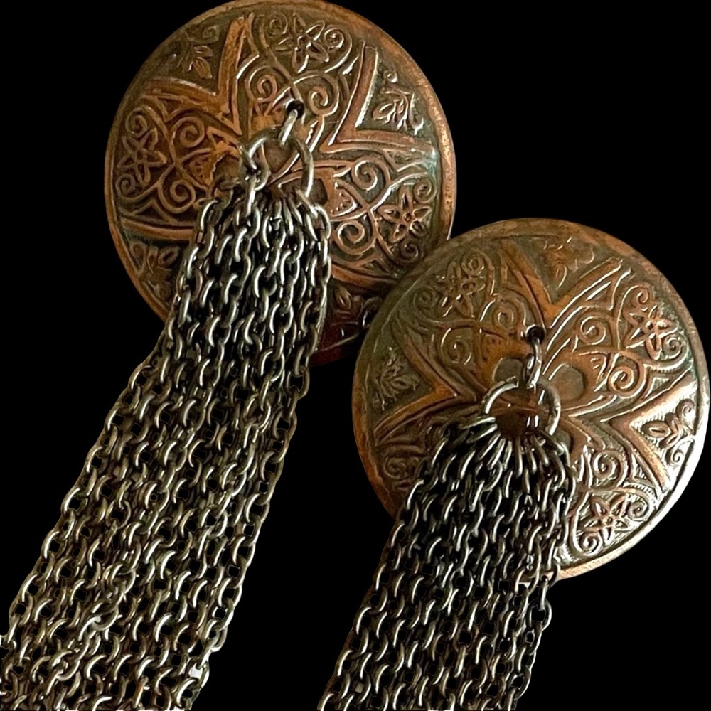 Vintage Copper Earrings Etched Coins With Metal Tassels